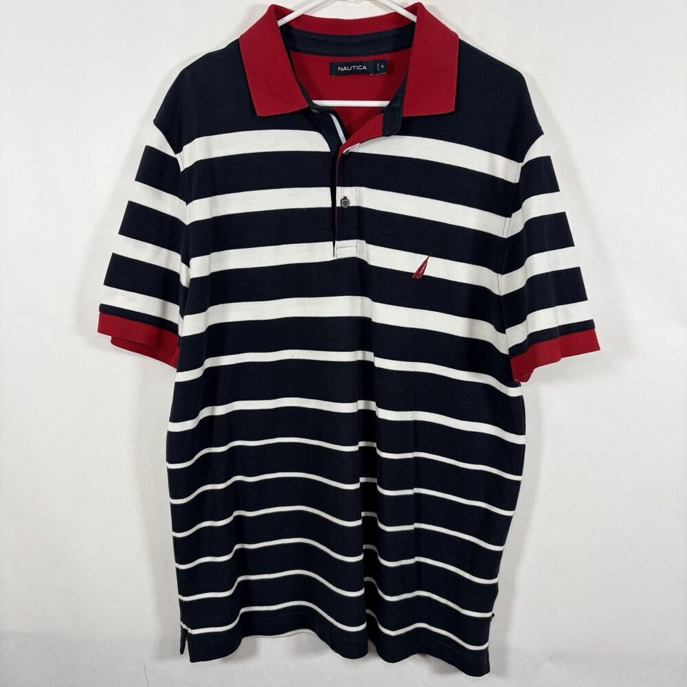 Nautica Polo Shirt Mens Size XL Navy Striped Red Embroidered Logo Short Sleeve